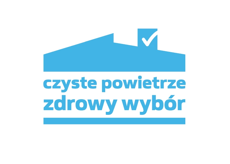 Logo programu "Czyste Powietrze - zdrowy wybór", niebieski zarys domu z fajką i symbolem "ptaszka", poniżej tekst "czyste powietrze zdrowy wybór".