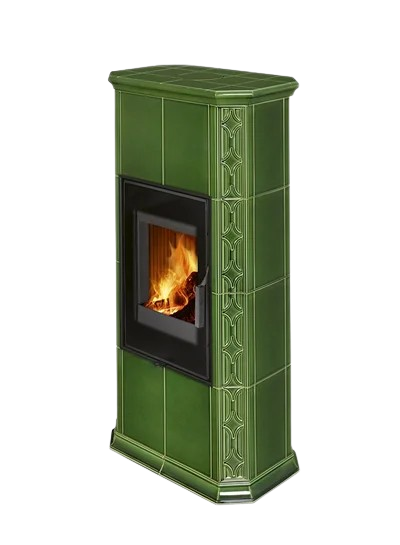 Zielony piec kaflowy Romotop Gremio 4G z nowoczesnymi całoszklanymi drzwiczkami typu Design